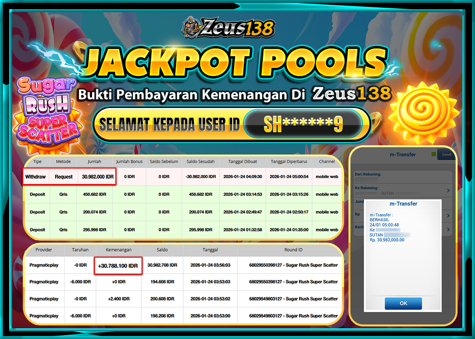 ZEUS138 SUGAR RUSH SUPER SCATTER Rp.30,892,000 LUNAS